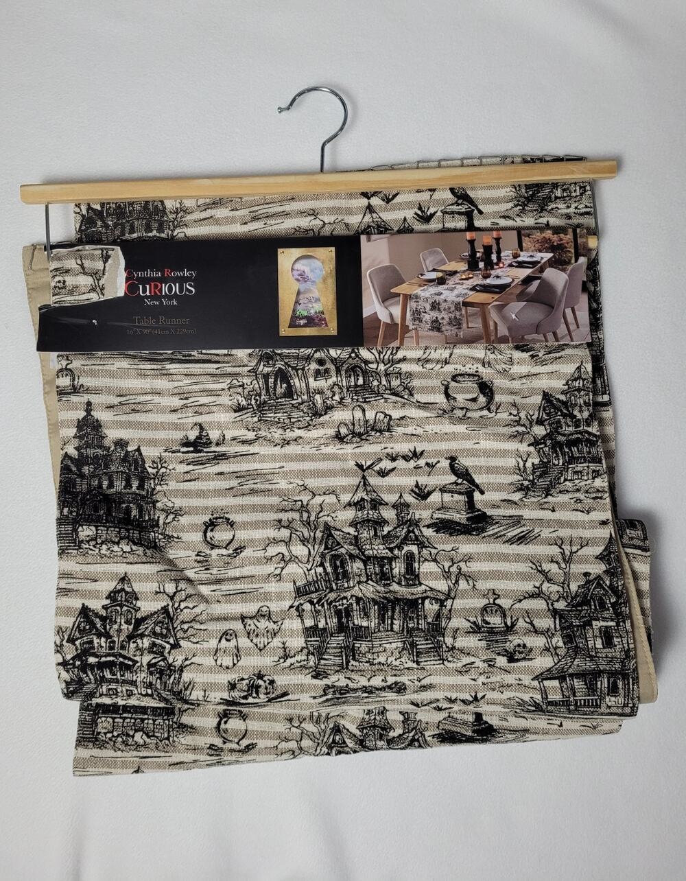 Cynthia Rowley Curious Halloween Beige & Black "Spooky" Table Runner 16"x90"
